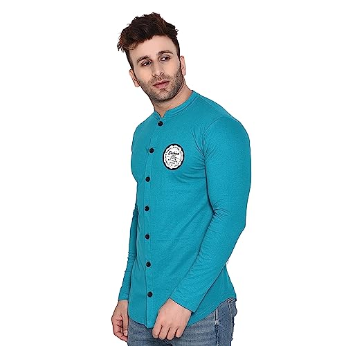 Image of Geum Men's Mandarin Collar Shirt | Slim Fit Full Sleeve Casual Shirt with Printed Chest Logo | Soft Cotton Blend Stylish Button Down for Party, Office