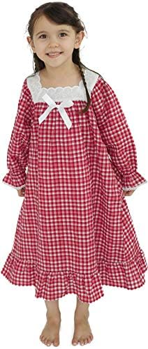 610 YOU Girls Summer Pajama Dresses, Red Plaid Vintage Night Gowns for Kids Girl, Long Sleeve Gowns, 5T-6X