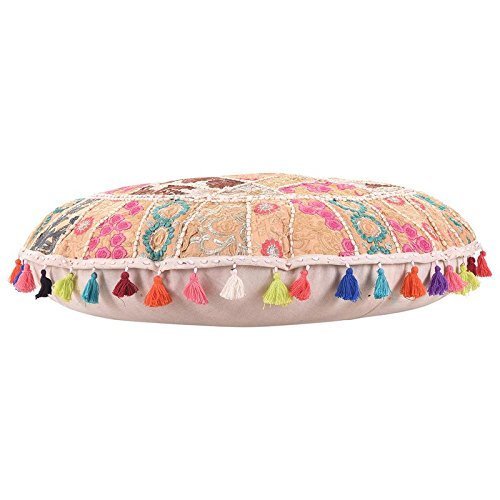 Indian Handmade Vintage Embellished Patchwork Home Decor Hippie Cotton Boho Chic Bohemian Ethnic Traditional Foot Stool Round Floor Pillows & Cushion Cover Seating Hand Embroidered Pouf Ottoman #TOP8