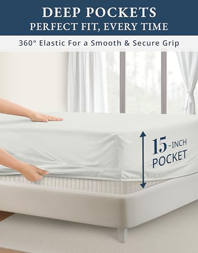 Image of LANE LINEN Extra Deep Pocket King Sheet Set Sateen Weave - Vaporous Gray | Alaskan King Sheets - 4-Piece Set, For A Luxurious Night's Sleep, For A Silky Hotel-Style Bed, Guest-Ready Comfort