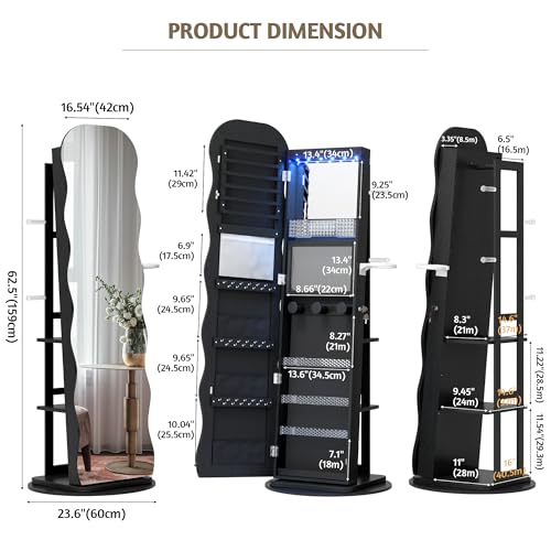 Image of Vlsrka 360 Swivel Jewelry Cabinet with Wavy Full-Length Mirror, Black | Lockable Jewelry Armoire with Mirror, Interior LED Makeup Mirror, Foldable Shelf, 3 Rear Shelves, Hanging Rods, Dryer Holder