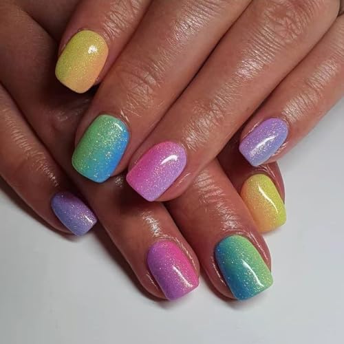 yefiuo Glitter Press on Nails Short Square Ombre Fake Nails Press ons Rainbow Colors Acrylic False Nails Glue on Nails Reusable Nail Tips Kit Full Cover Stick on Nail Supplies for Women Girls 24Pcs