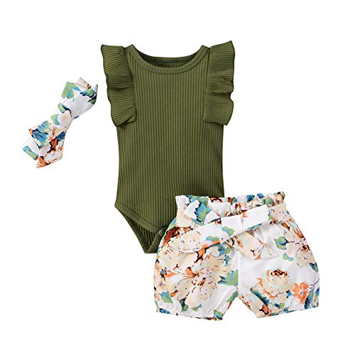 Ledy Champswiin Summer Newborn Baby Girl Floral Clothes Set Infant Ribbed Sleeveless Outfit Solid Ruffle Bodysuit Tops+Shorts+Headband 3PCS (Sleeveless Green, 6-12 Months)