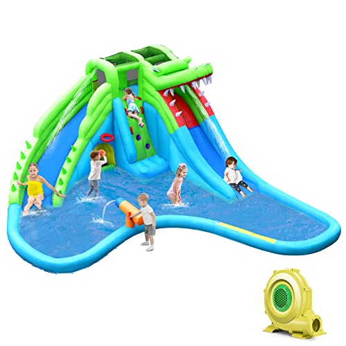 HONEY JOY Inflatable Water Slides for Kids, 7 in 1 Crocodile Splash n Slide Water Castle w/Climb Wall &Long Slide, Crawl Tunnel&Splash Pool, Outdoor Blow Up Water Park for Backyard(with 780w Blower)