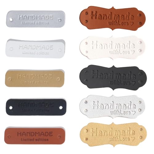 COYUN Etiquetas Personalizadas,100 Pcs Etiquetas Hechas a Mano, Etiqueta de Costura Hechas a Mano, Etiqueta de Cuero PU, para Crochet, Sombreros, Ropa, Bolsos, Vestidos, Bricolaje