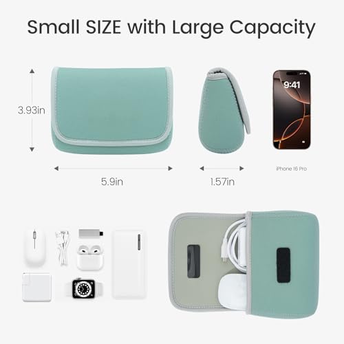 LENTION Mint Green Neoprene Tech Pouch, Portable Travel Organizer for MacBook Power Adapter, Power Bank, Charger, Cable & Small Electronics — view 2