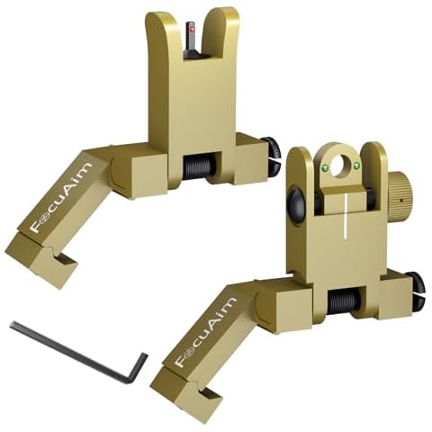 FocuAim T2 Iron Sights, 45 Degree Offset Iron Sights with Green and Red Fiber Optics Dots, Flip Up Front and Rear Backup Sights for Picatinny Rail, Sand Cover