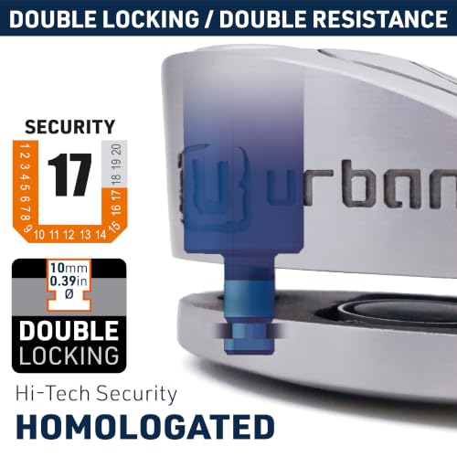 Image of URBAN UR910S Approved Motorcycle Disc Lock with Hi-Tech Alarm | 120dB, X2 ON | SRA & Sold Secure Gold Tested Anti-Theft for Motorbike Scooter Bike | 10mm Double Locking, Stainless Steel