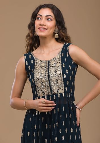 Image of Xomantic Fashion Women's Nayra Cut Embroidered Flared Kurta plazzo and Dupatta Set