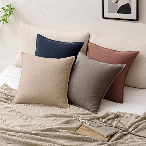 Image of Decorative Linen Solid Throw Pillow Covers 20x20 Inch Set of 2 Light Coffee Boho Accent Farmhouse Pillows Modern Neutral Home Decor for Couch Sofa Living Room Bed