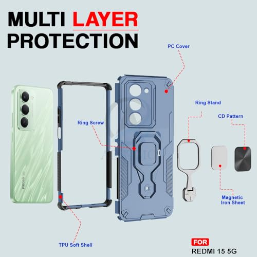 Image of AESTMO Armor Back Cover for Redmi 15 5G | Ring Holder & Kickstand & Camera Protection in-Built | 360 Degree Protection Back Case Cover (Blue)