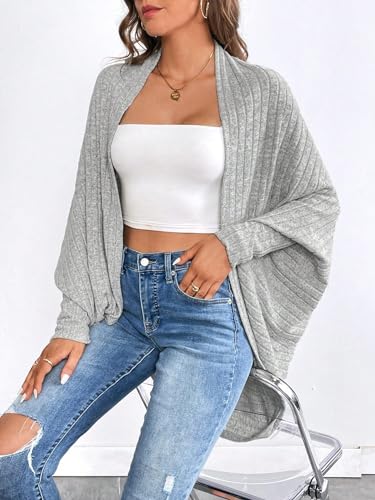 Image of WDIRARA Women's Open Front Long Sleeve Asymmetrical Hem Cardigan Rib Knit Sweater Light Grey XS