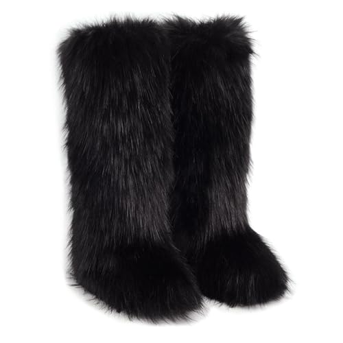 QMFUR Women's Furry Faux Fur Boot Fluffy Knee High Snow Boots Round Toe Suede Winter Comfy Plush Warm Outdoor Indoor Flat Shoes Fashion Boots