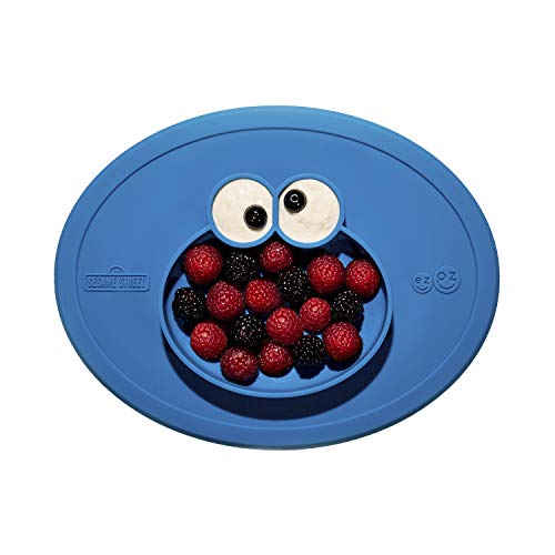 ezpz Sesame Street Cookie Monster Mat (Blue) - 100% Silicone Suction Plate with Built-in Placemat for Infants + Toddlers - First Foods + Self-Feeding