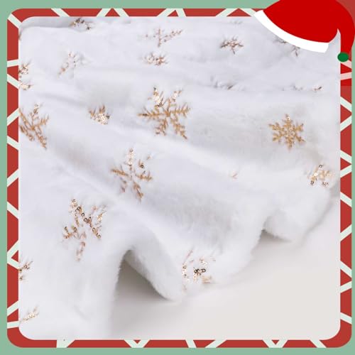 Sayrrame Christmas Tree Skirt, 48 Inch White Luxury Faux Fur & Gold Sequin Snowflakes, 4ft Xmas Tree Skirt for Holiday Tree Ornaments Christmas Party Home Decorations by sayrrame - Image 5