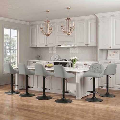 Image of MALOL Bar Stools Set of 6, Swivel Bar Chairs, Modern Adjustable PU Leather Upholstered Barstools Counter Height with Tufted Back for Bar, Kitchen Counter Island, Dining Room, Grey