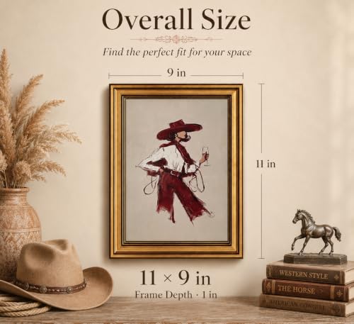 Image of Gold Framed 3D Textured Wall Art, Red Wine Cowgirl Canvas Prints, Modern Western Burgundy Fashion Pictures Decor, Vintage Editorial Cowgirl Artwork for Living Room Bedroom Entryway 9x11inch