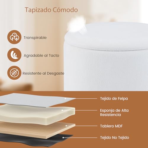 COSTWAY Puff Almacenaje Redondo de 35 L, 44,5x44,5 cm, Taburete Tocador Tapizado en Tejido de Chenilla con Tapa Extraíble, Patas de Madera de Caucho, Reposapies Salon, Entrada, Carga 150 kg (Blanco) - imagen 4
