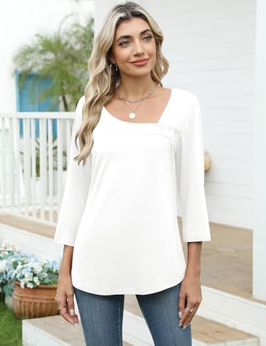 Image of LOMON Womens 3 /4 Length Sleeve T Shirts Asymmetrical Neck Tops Business Blouses for Women Fashion 2026