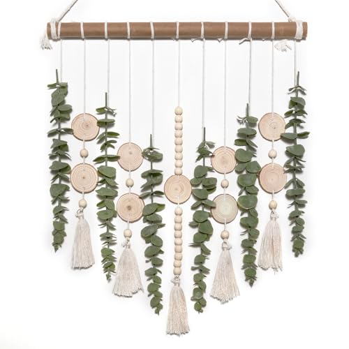 GIAUMA Artificial Eucalyptus Wall Hanging Decor Fake Plant Greenery Leaves Chip Strands Beads Garland on 16.5 inch Stick Boho Rustic Farmhouse Nature Bathroom Bedroom Living Room Decorations