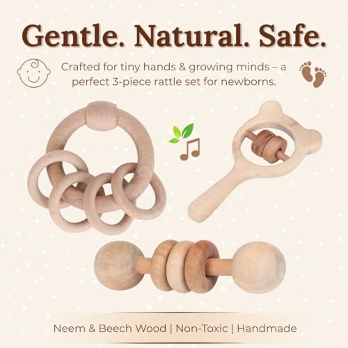 Image of Babbles Wooden Rattle Set for Babies 0-6 Months, 6-12 Months | New Born Toys | Baby Shower Gifts | New Born Baby Essentials | Rattle Toys (Ring+Dumbbell+Micky Head)