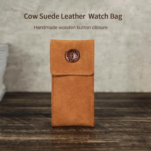 Image of CONTACT'S FAMILY Genuine Cow Suede Leather Watch Pouch, Travel Storage Case for 1 Watch with Wooden Button Closure & Microfiber Separator, Vintage Portable Organizer (Brown)