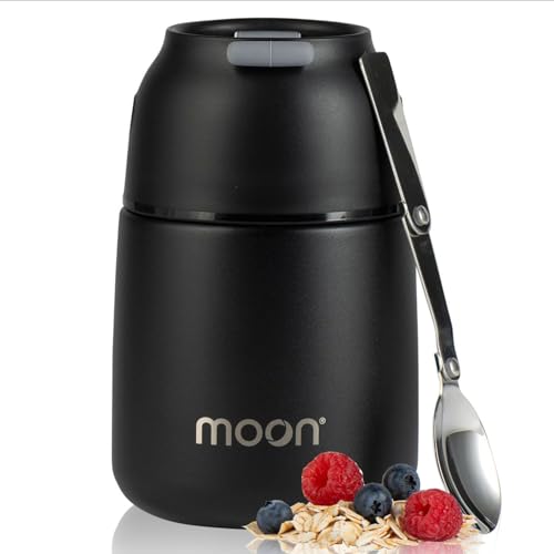 Moon Food Flasks For Hot Food - Insulated, Stainless Steel, Thermal Lunch Box, Soup Containers, Food Jars for Kids & Adults, Free Spoon, Leakproof, UK Company (500ml Black)