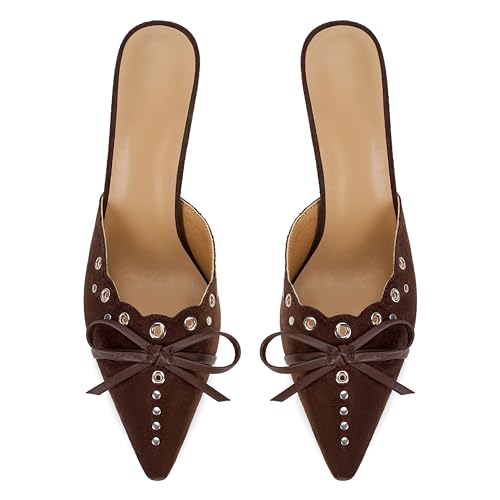 Image of DOEYG Women Pointed Toe Bow Heels Mules Slip on Stiletto Heels Sandals Dress Party Wedding Studded Heels Pumps