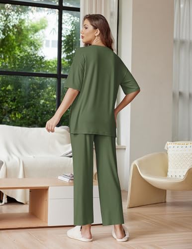Image of Ekouaer Lounge Sets for Women Short Sleeve Tops and Long Pants Soft Comfy Pajamas Set 2 Piece Outfits