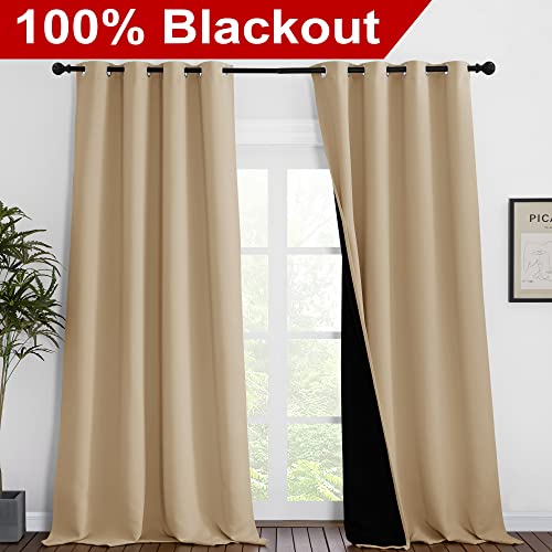 Image of NICETOWN Thermal Insulated 100% Blackout Curtains, Sound Proof Drapes with Black Backing, Full Light Blocking Panels for Patio Sliding Door (Biscotti Beige, 1 Pair, 55 inches x 102 inches)