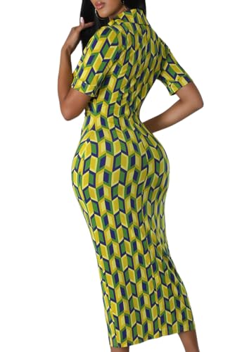 Image of ZERMOM Women's Button Down Shirt Dress Short Sleeve Print Collar V Neck Summer Bodycon Midi Dresses