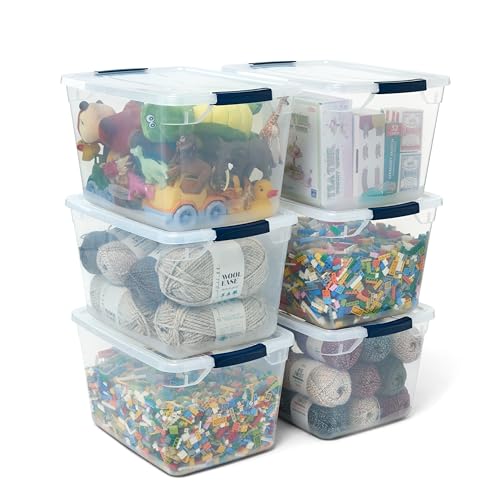 Rubbermaid Cleverstore Clear 32 Qt, 6 Pack Stackable Plastic Storage Containers with Durable Latching Clear Lids, Visible Storage, Great for Closet and Laundry Storage, Organizing in the Home