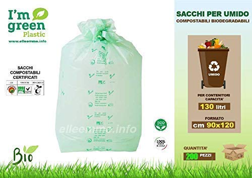 ELLEEMME® 200 Sacchi BIO per UMIDO biodegradabili rifiuti compostabili e organici. Spazzatura Immondizia 110 litri Cm 70x110 | Scatola da n° 200 sacchi | 100% certificati biodegradabili compostabili