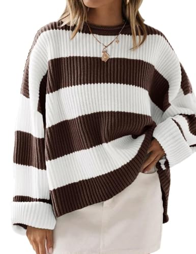 Image of ZESICA Womens Long Sleeve Oversized Striped Knitted Sweaters | Color Block Sweater,Crew Neck Sweater,Loose Fit Sweater,Ribbed Knit Pullover,2026 Fall Winter Sweater,Casual Going Out Top