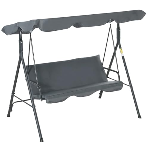 3 Seater Garden Swing Chair - Grey Seat Hammock Swinging Metal Terrace Shade Sun Protection Canopy Bench | Thick Padded Cushion | Waterproof Outdoor Garden | Adjustable Canopy