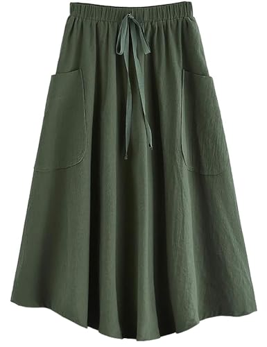 Lyking Women's Casual High Waist Pleated A-Line Midi Skirt with Pocket