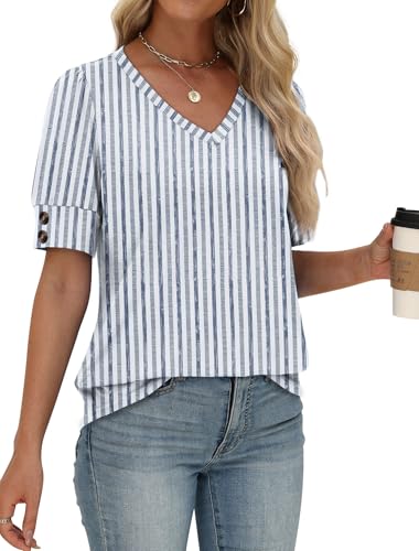 Image of OFEEFAN Womens Tops Short Sleeve Shirts Buttons V Neck Spring Fashion Summer Outfits Plus Size Blouses Dressy Casual