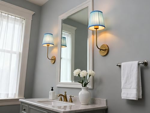 Image of Yosoan Brass Gold Pale Blue Lace Fabric Shade Wall Sconce Set of 2, Vintage Beige Boho Antique Retro Indoor Vanity Vintage Wall Sconce Hardwired Flared Fabric Shade for Bedroom Hallway Living Room