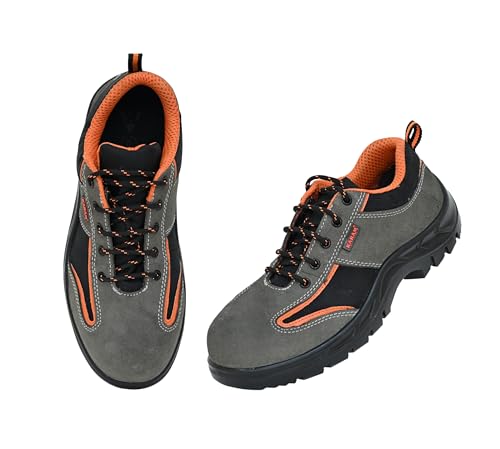Image of Karam FS69 Grey and Black Suede Leather Safety Shoes for Men |Single Density with Steel Toe | Antistatic, Antislip, Oil & Heat Resistant