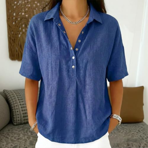 Linen Tops for Women Summer 2026,Short Sleeve Button Down V Neck Womens Casual Loose Fit Gauze Shirts,Breathable Cotton Linen Tops for Beach Vaction Trvael Work Blue Plus Size 2X — view 2