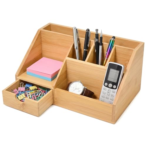 ZXBBTZ Schreibtisch Organizer Bambus mit Schublade Fächern Schreibtischorganisator Holz Braun für Stifte Notizen Stiftehalter Schreibtischbox für Büro Home Office Aufbewahrung 24.5x15x11 cm
