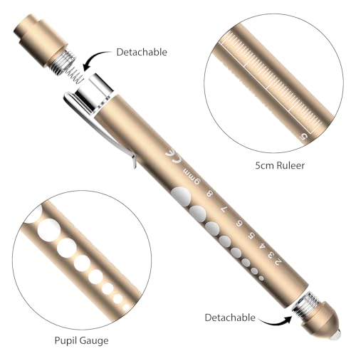 RISEMART Pupillenleuchte, Diagnostikleuchte Krankenschwester Rettungsdienst Zubehör mit Pupillenmessgerät und Lineal (Gold und Weiß.)