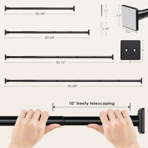 Image of Long Tension Shower Curtain Rod 31-96 Inch(8ft) No Drilling Adjustable Outdoor Curtain Rod 1 inch Dia Rustproof Stainless Steel for Patio Bathroom Windows Matte Black