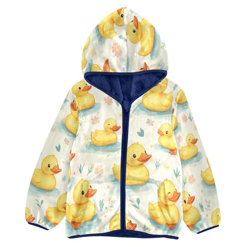 Duck Pattern with Flowers Toddler Fleece Jacket Girl Boys Hooded Fleece Jacket Coat Warm Outwear Zip-up 3-10T