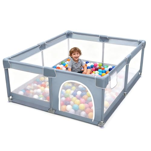 Baby Playpen, 150 x 180 x 68cm Large Playpen for Baby and Toddlers, Large Playard, Anti-Collision Foam Playpens with Breathable Mesh for Babies, Safety Play Yard for Toddler - Grey