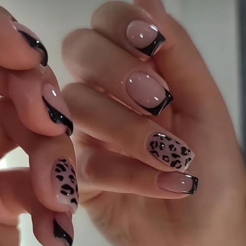 Image of Black french tip Press on Nails Leopard Print Nail Press ons Medium Square Fake Nails with Design Glossy Full Cover Glue on Nail Artificial Acrylic Stick on Nail foe Women Girls Manicure 24Pcs