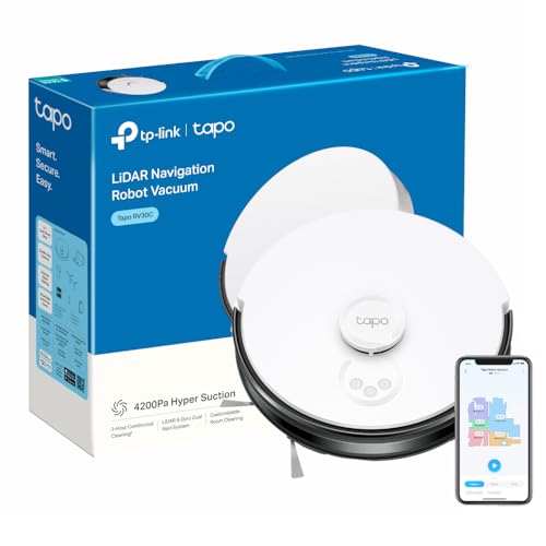 Tapo Robot Vacuum, Ultra Strong 4200Pa Suction Robot Vacuum Cleaner, Quiet, 3-Hour Continuous Cleaning, Self-Charging Robotic Vacuums, Cleans Hard Floors to Carpets,Works with Alexa&Google RV30C