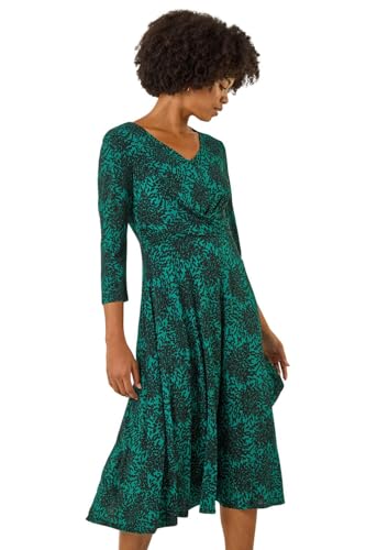 Roman Fit and Flare Dress for Women Ladies Chest Twist Knot Ruched Tea Skater Empire Waist Wedding Guest Smart Casual Swing Midi 3/4 Long Sleeve Knee Length - Teal Ink - Size 14