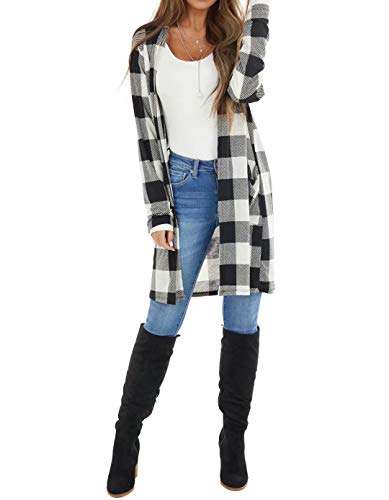 Dressmine Women's Buffalo Plaid Long Sleeve Open Front Cardigans Draped Snap Knit Sweater Coat With Pockets Black Large #TOP4