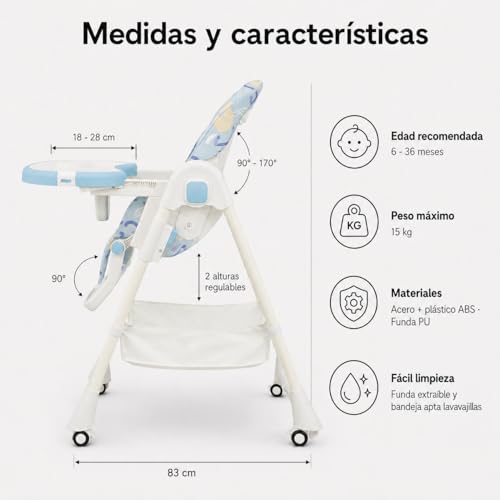 Miniatura 6 de Almar Baby Trona De Bebe Evolutiva Azul Estampado Silla De Bebe Hasta Niño 50 Kilos, Plegable, Elevable Y Reclinable Con Bandeja Extraible